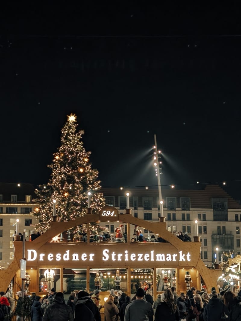Eingangstor des Dresdner Striezelmarkts bei Nacht
