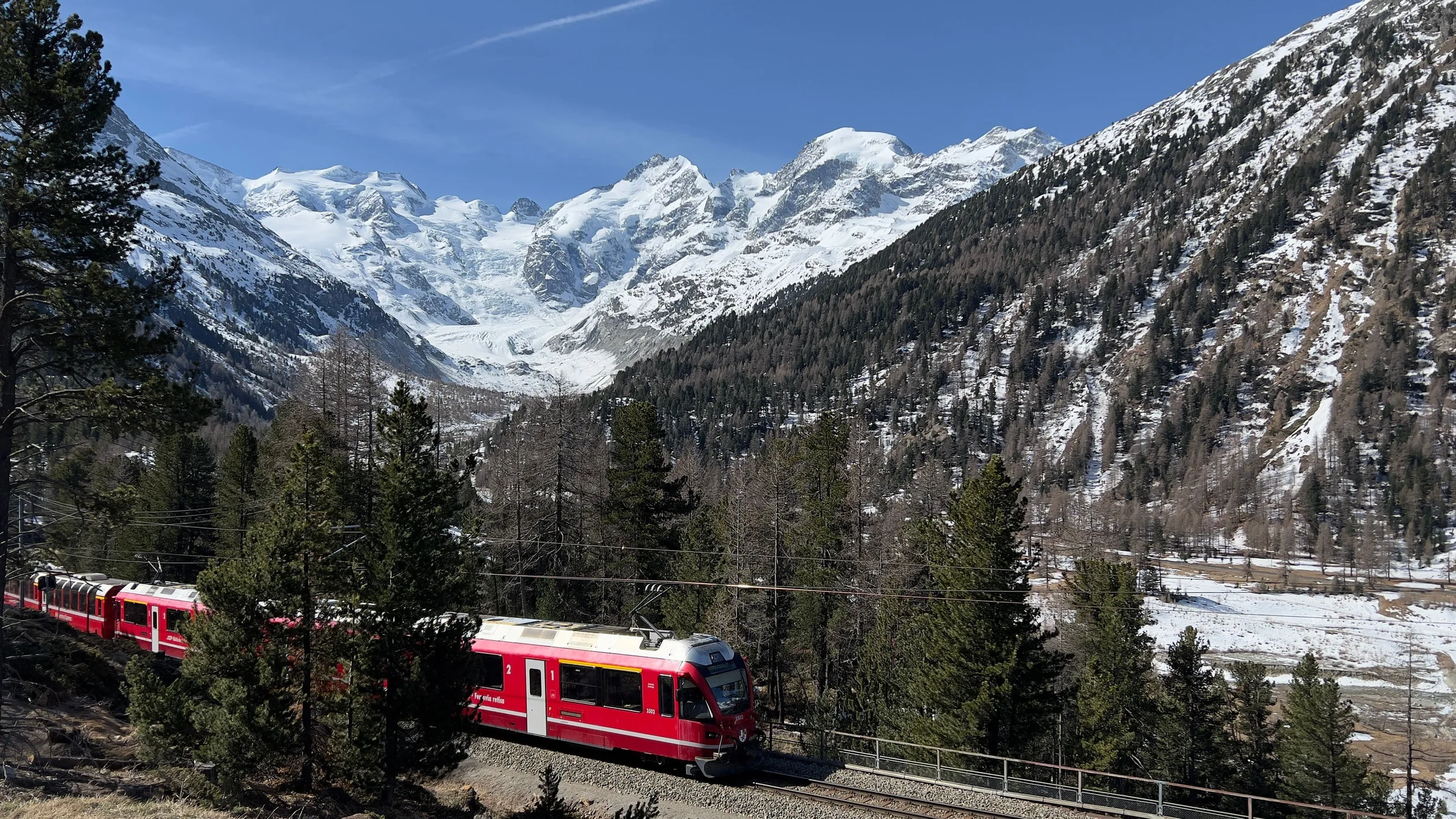 The red Bernina Express below the Morteratsch glacier